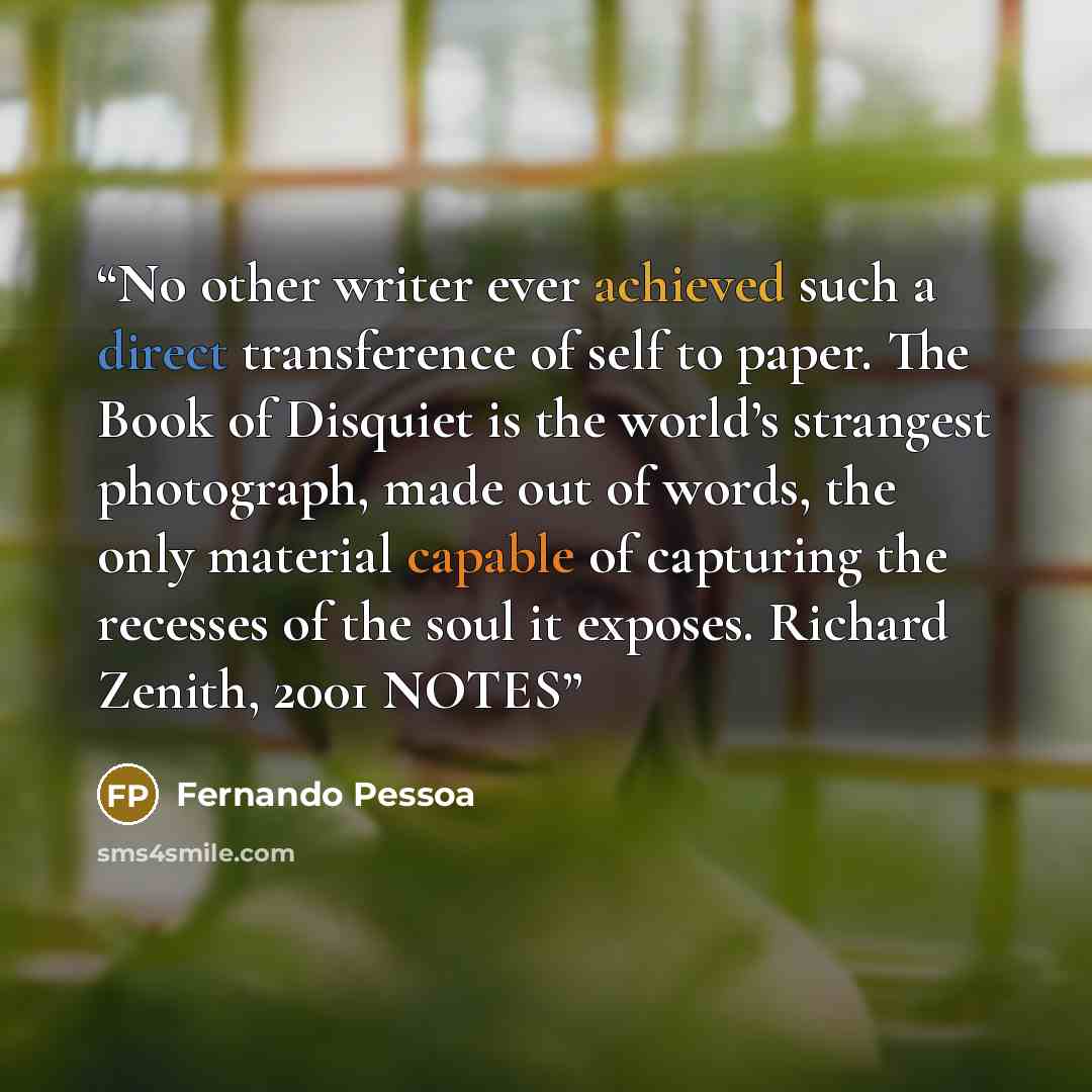 “No other writer ever achieved such a direct transference of self to paper. The Book of Disquiet is the world’s strangest photograph, made out of words, the only material capable of capturing the recesses of the soul it exposes. Richard Zenith, 2001 NOTES” quote by Fernando Pessoa