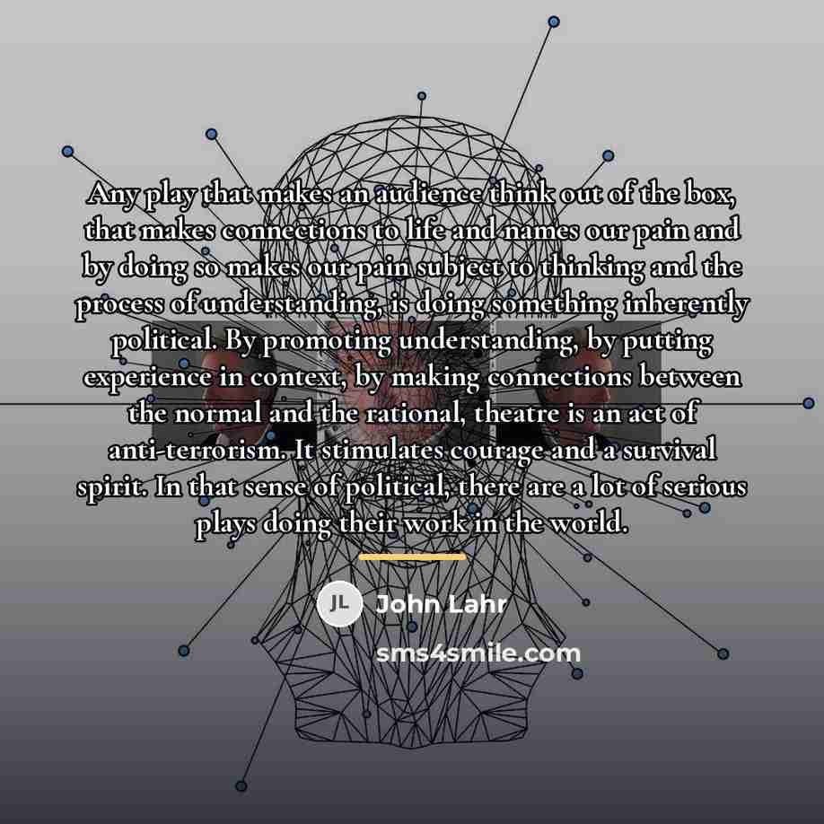 “Any play that makes an audience think out of the…” quote by John Lahr