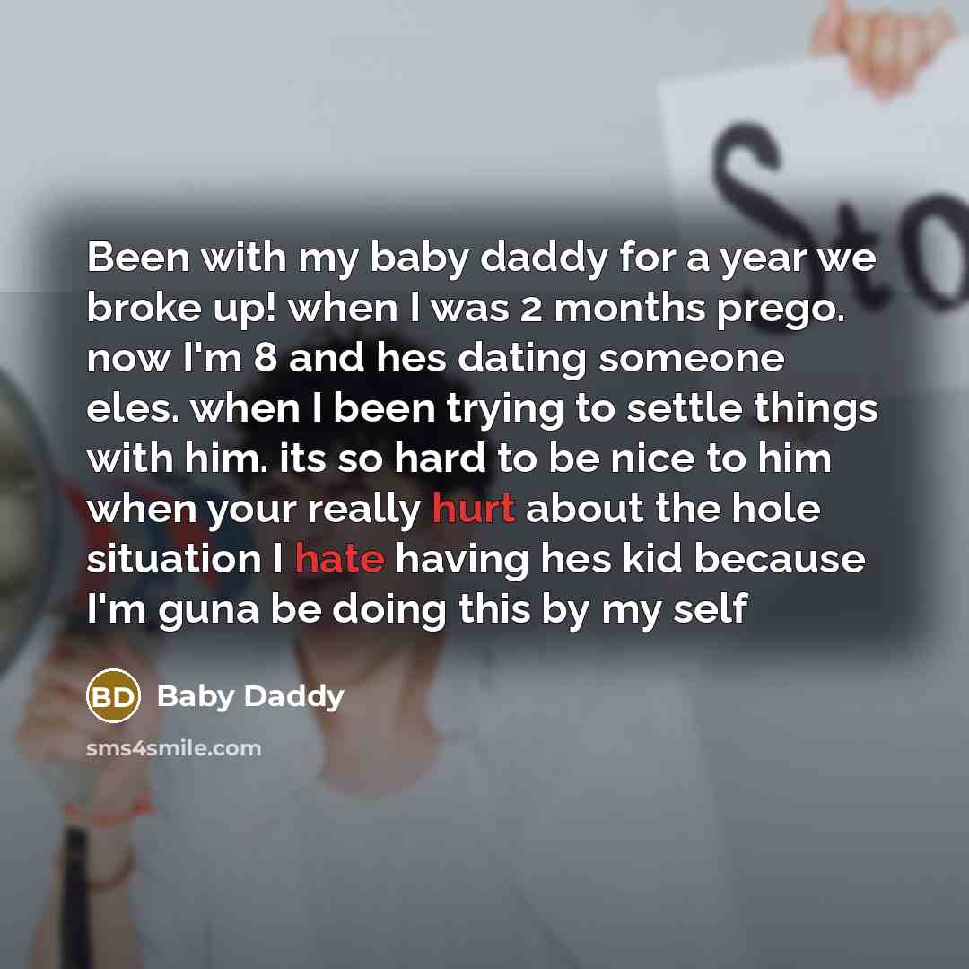 “Been with my baby daddy for a year we broke up! when I was 2 months prego. now I'm 8 and hes dating someone eles. when I been trying to settle things with him. its so hard to be nice to him when your really hurt about the hole situation I hate having hes kid because I'm guna be doing this by my self” quote by Baby Daddy