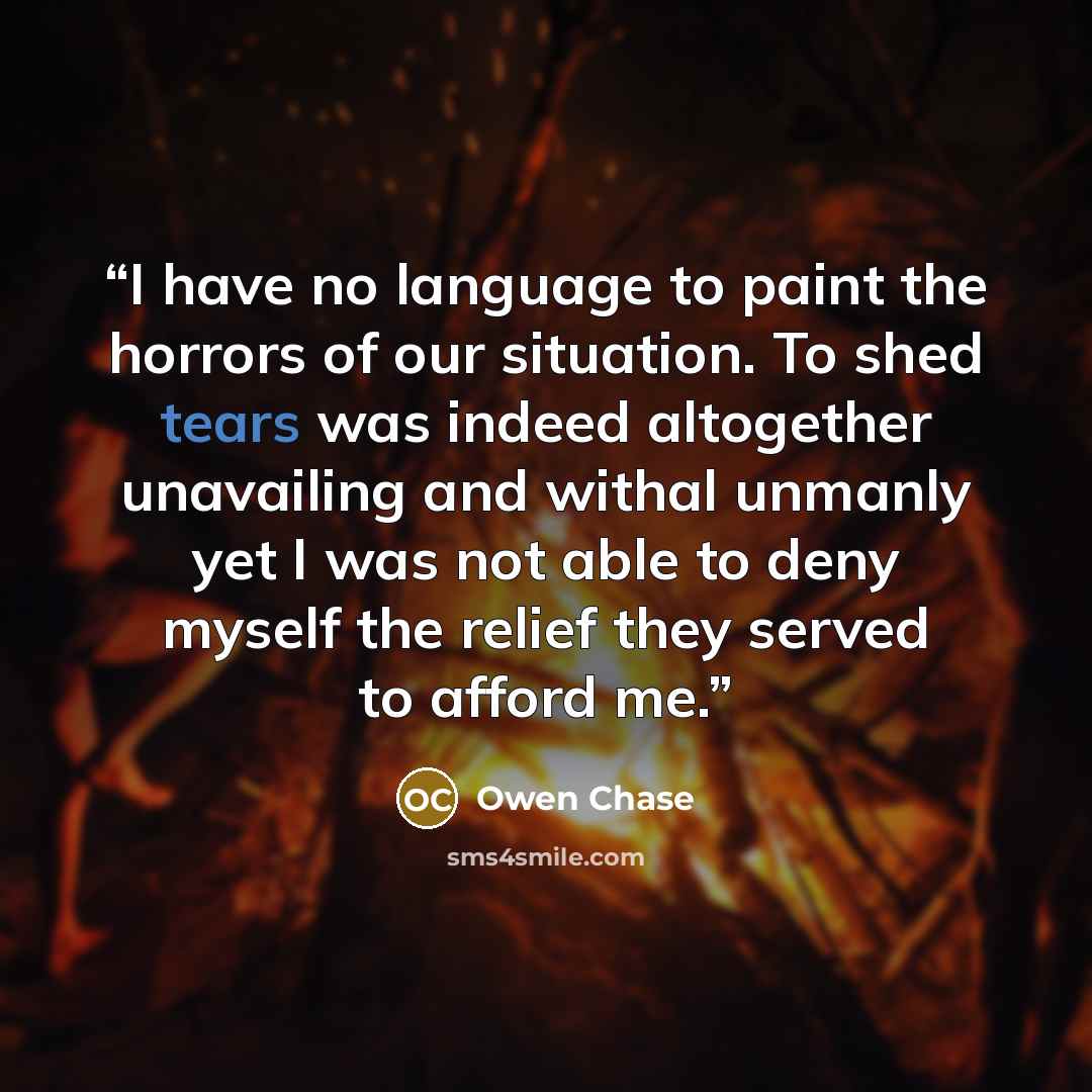 “I have no language to paint the horrors of our situation. To shed tears was indeed altogether unavailing and withal unmanly yet I was not able to deny myself the relief they served to afford me.” quote by Owen Chase