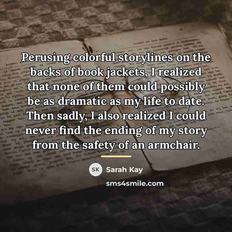 “Perusing colorful storylines on the backs of book jackets, I…” quote by Sarah Kay