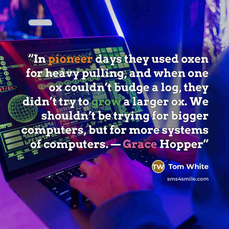“In pioneer days they used oxen for heavy pulling, and when one ox couldn’t budge a log, they didn’t try to grow a larger ox. We shouldn’t be trying for bigger computers, but for more systems of computers. — Grace Hopper” quote by Tom White