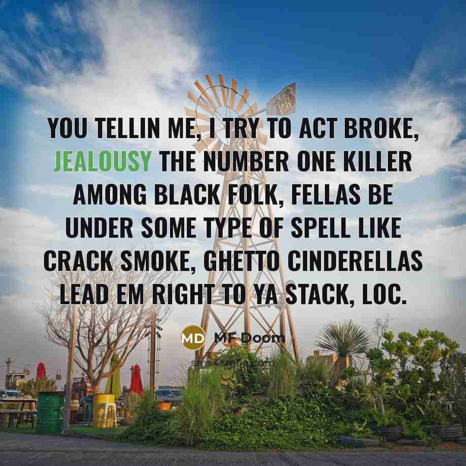 “You tellin me, I try to act broke, jealousy the…” quote by MF Doom