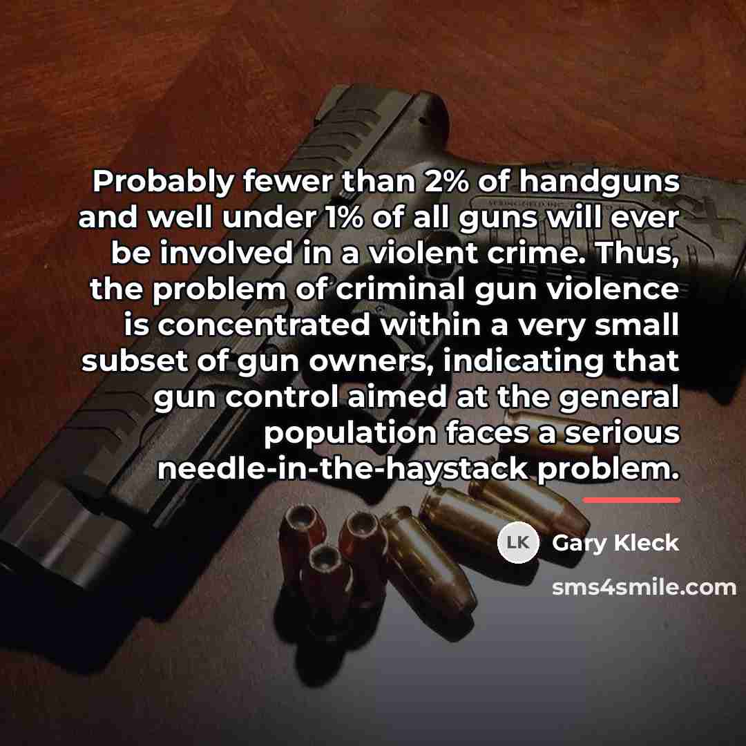 “Probably fewer than 2% of handguns and well under 1%…” quote by Gary Kleck