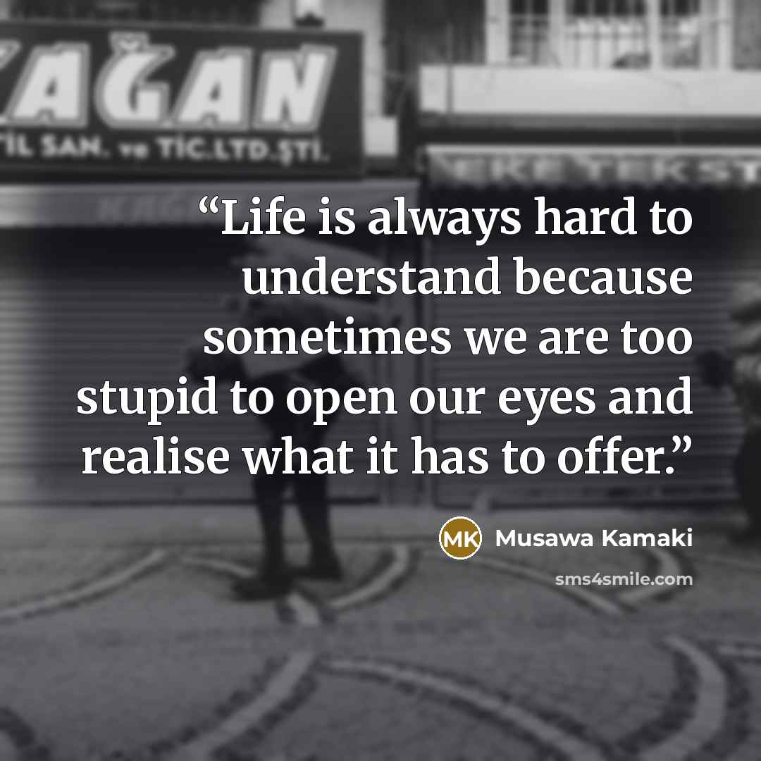 “Life is always hard to understand because sometimes we are too stupid to open our eyes and realise what it has to offer.” quote by Musawa Kamaki