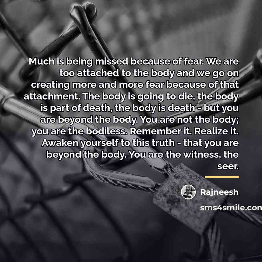 “Much is being missed because of fear. We are too…” quote by Rajneesh