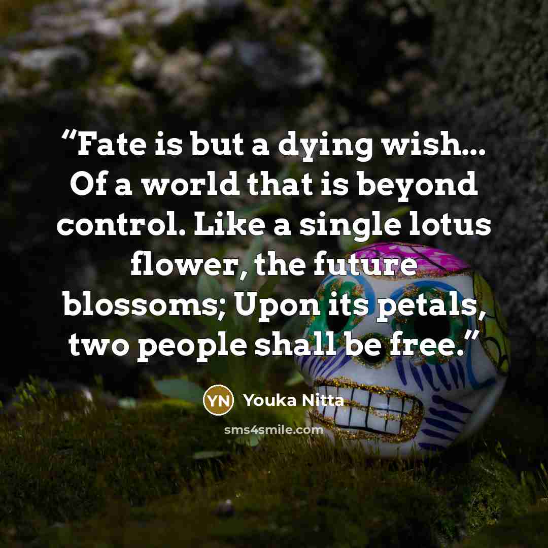 “Fate is but a dying wish... Of a world that is beyond control. Like a single lotus flower, the future blossoms; Upon its petals, two people shall be free.” quote by Youka Nitta
