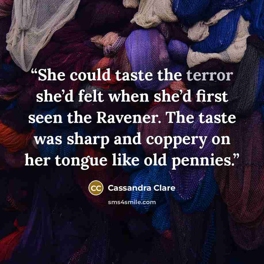 “She could taste the terror she’d felt when she’d first seen the Ravener. The taste was sharp and coppery on her tongue like old pennies.” quote by Cassandra Clare