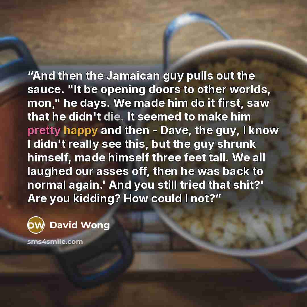 “And then the Jamaican guy pulls out the sauce. "It be opening doors to other worlds, mon," he days. We made him do it first, saw that he didn't die. It seemed to make him pretty happy and then - Dave, the guy, I know I didn't really see this, but the guy shrunk himself, made himself three feet…” quote by David Wong