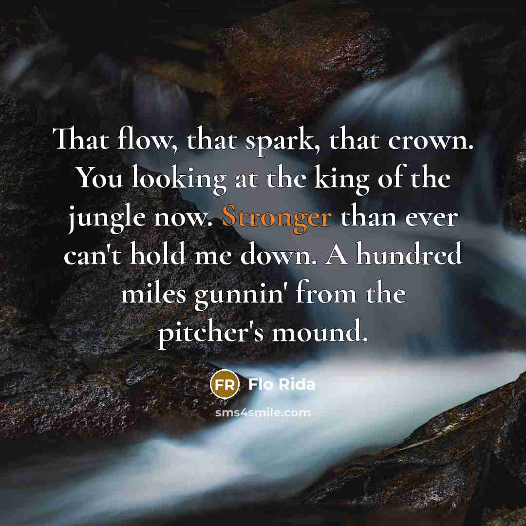 “That flow, that spark, that crown. You looking at the king of the jungle now. Stronger than ever can't hold me down. A hundred miles gunnin' from the pitcher's mound.” quote by Flo Rida