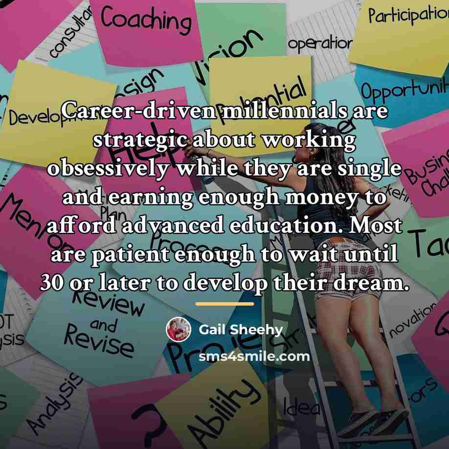 “Career-driven millennials are strategic about working obsessively while they are…” quote by Gail Sheehy