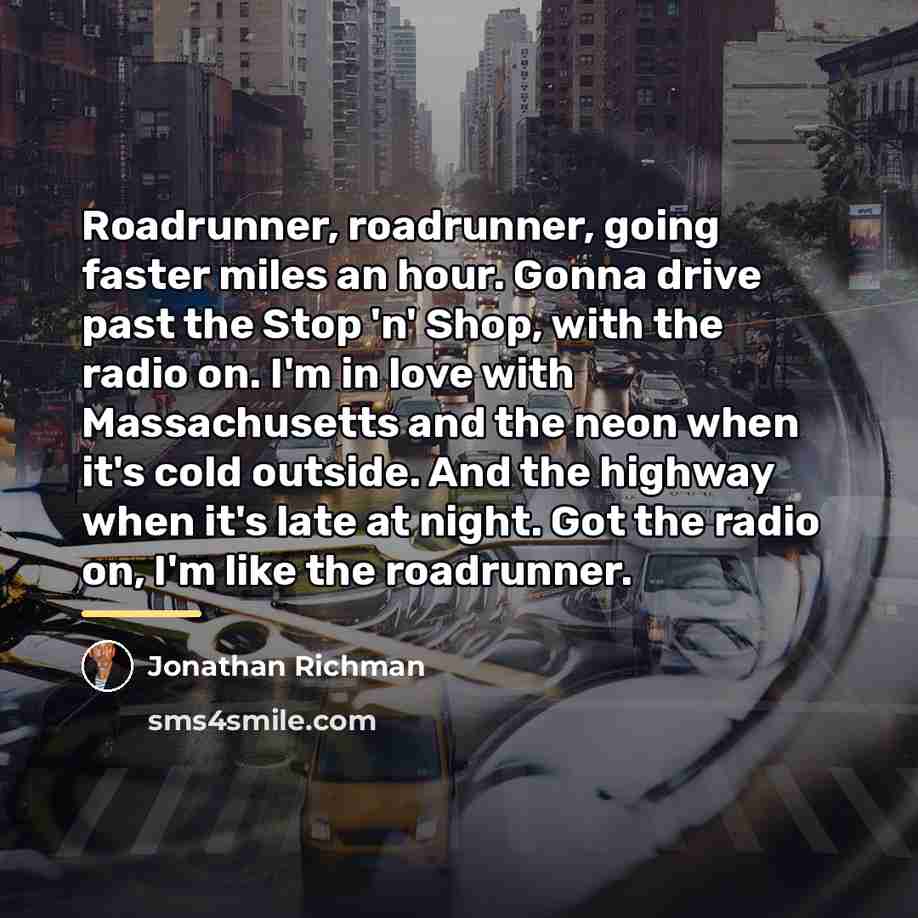 “Roadrunner, roadrunner, going faster miles an hour. Gonna drive past…” quote by Jonathan Richman