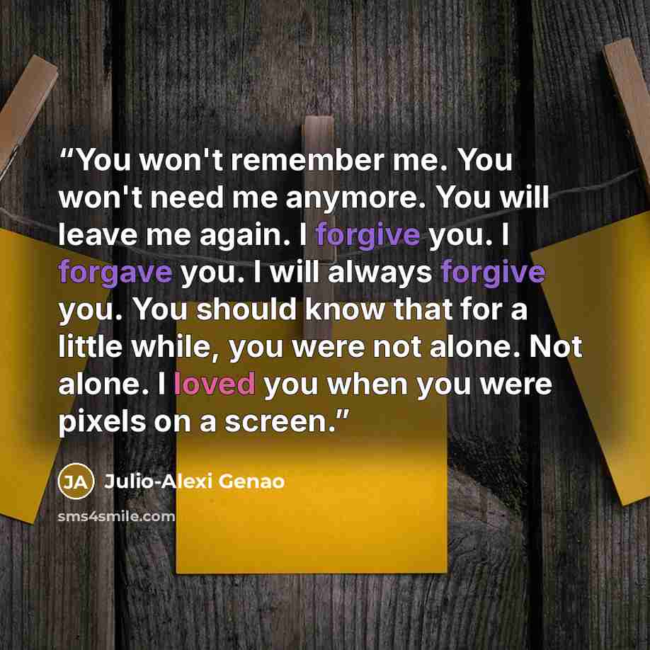 “You won't remember me. You won't need me anymore. You will leave me again. I forgive you. I forgave you. I will always forgive you. You should know that for a little while, you were not alone. Not alone. I loved you when you were pixels on a screen.” quote by Julio-Alexi Genao