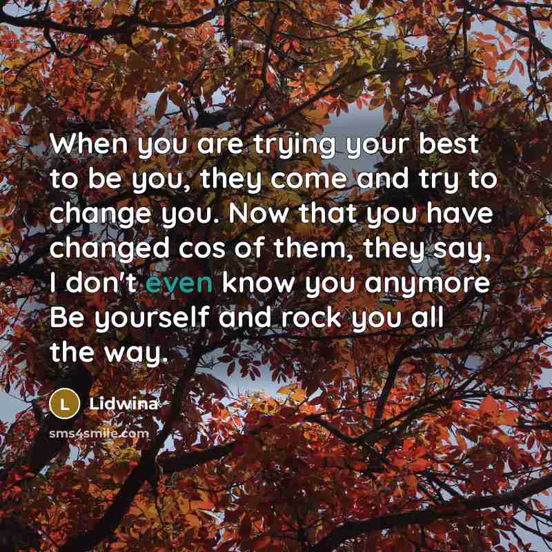 “When you are trying your best to be you, they come and try to change you. Now that you have changed cos of them, they say, I don't even know you anymore Be yourself and rock you all the way.” quote by Lidwina