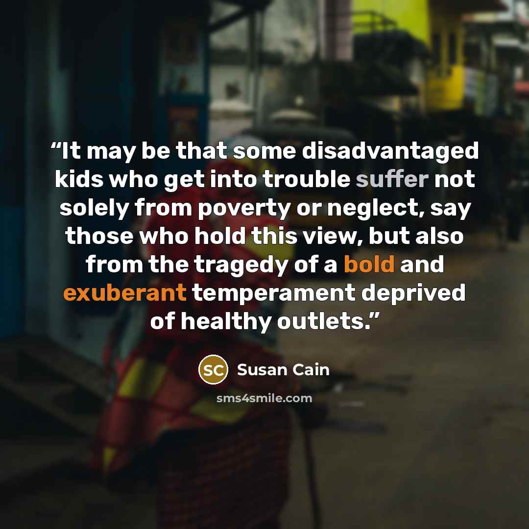 “It may be that some disadvantaged kids who get into trouble suffer not solely from poverty or neglect, say those who hold this view, but also from the tragedy of a bold and exuberant temperament deprived of healthy outlets.” quote by Susan Cain