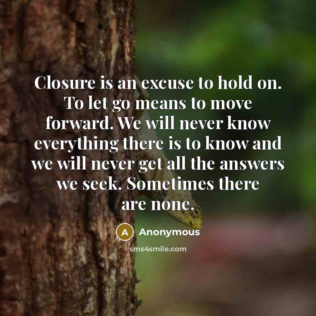 “Closure is an excuse to hold on. To let go means to move forward. We will never know everything there is to know and we will never get all the answers we seek. Sometimes there are none.” quote by Anonymous