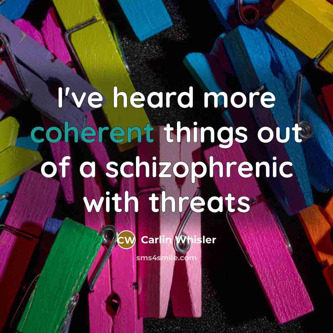“I've heard more coherent things out of a schizophrenic with…” quote by Carlin Whisler