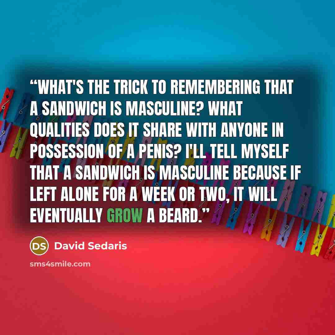 “What's the trick to remembering that a sandwich is masculine? What qualities does it share with anyone in possession of a penis? I'll tell myself that a sandwich is masculine because if left alone for a week or two, it will eventually grow a beard.” quote by David Sedaris