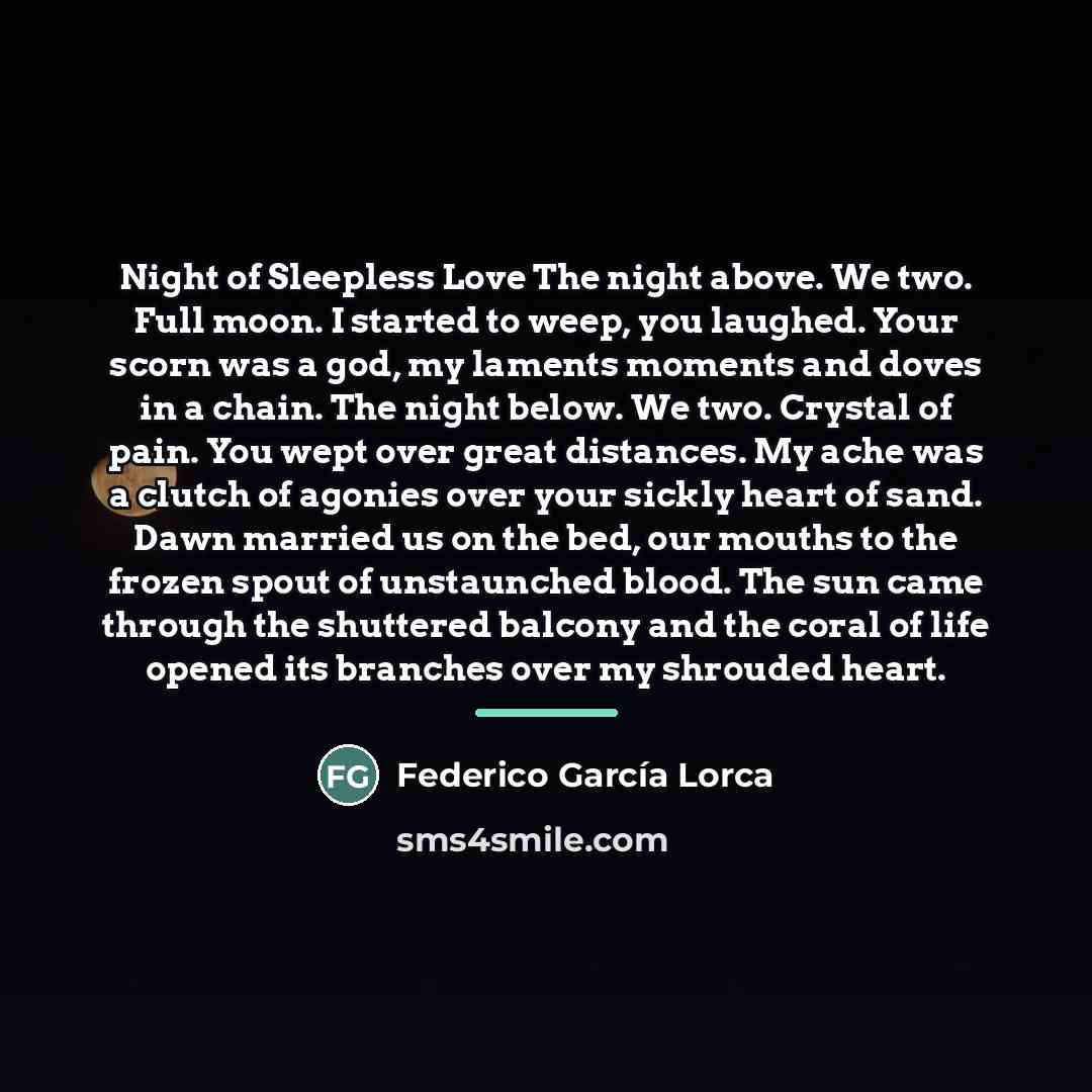 “Night of Sleepless Love The night above. We two. Full…” quote by Federico Garcia Lorca