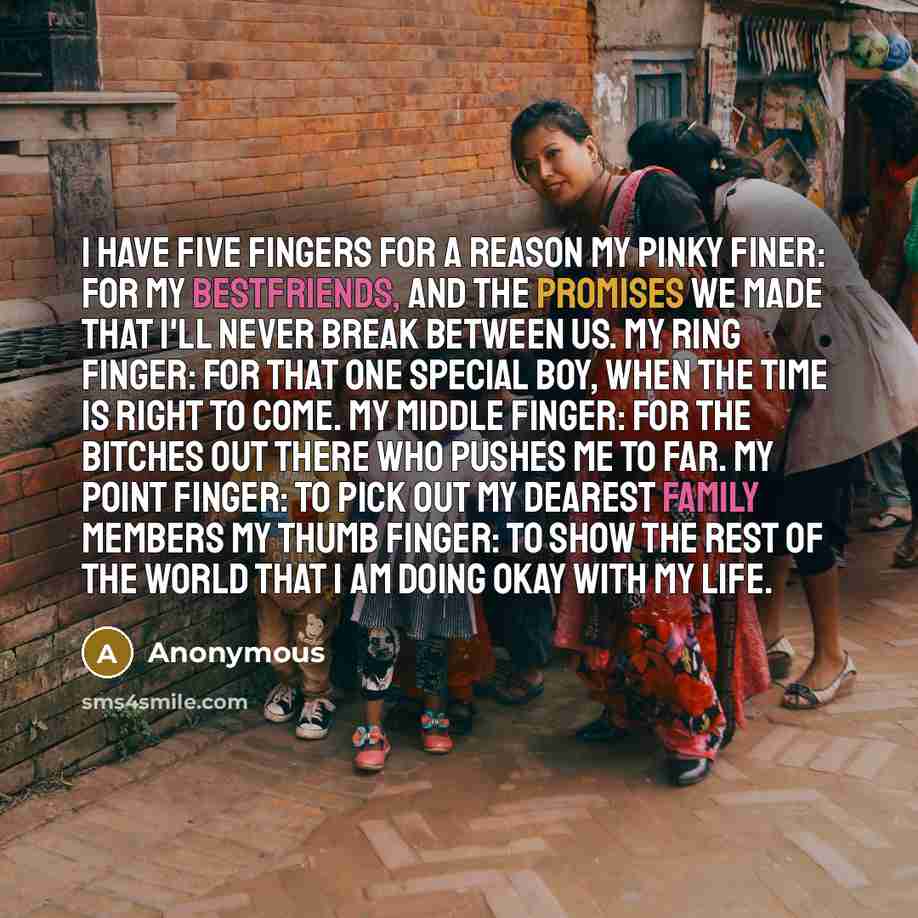 “I Have Five Fingers For A Reason My Pinky Finer: For My BestFriends, And The Promises We Made That I'll Never Break Between Us. My Ring Finger: For That One Special Boy, When The Time Is Right To Come. My Middle Finger: For The Bitches Out There Who Pushes Me To Far. My Point Finger: To Pick Out…” quote by Anonymous