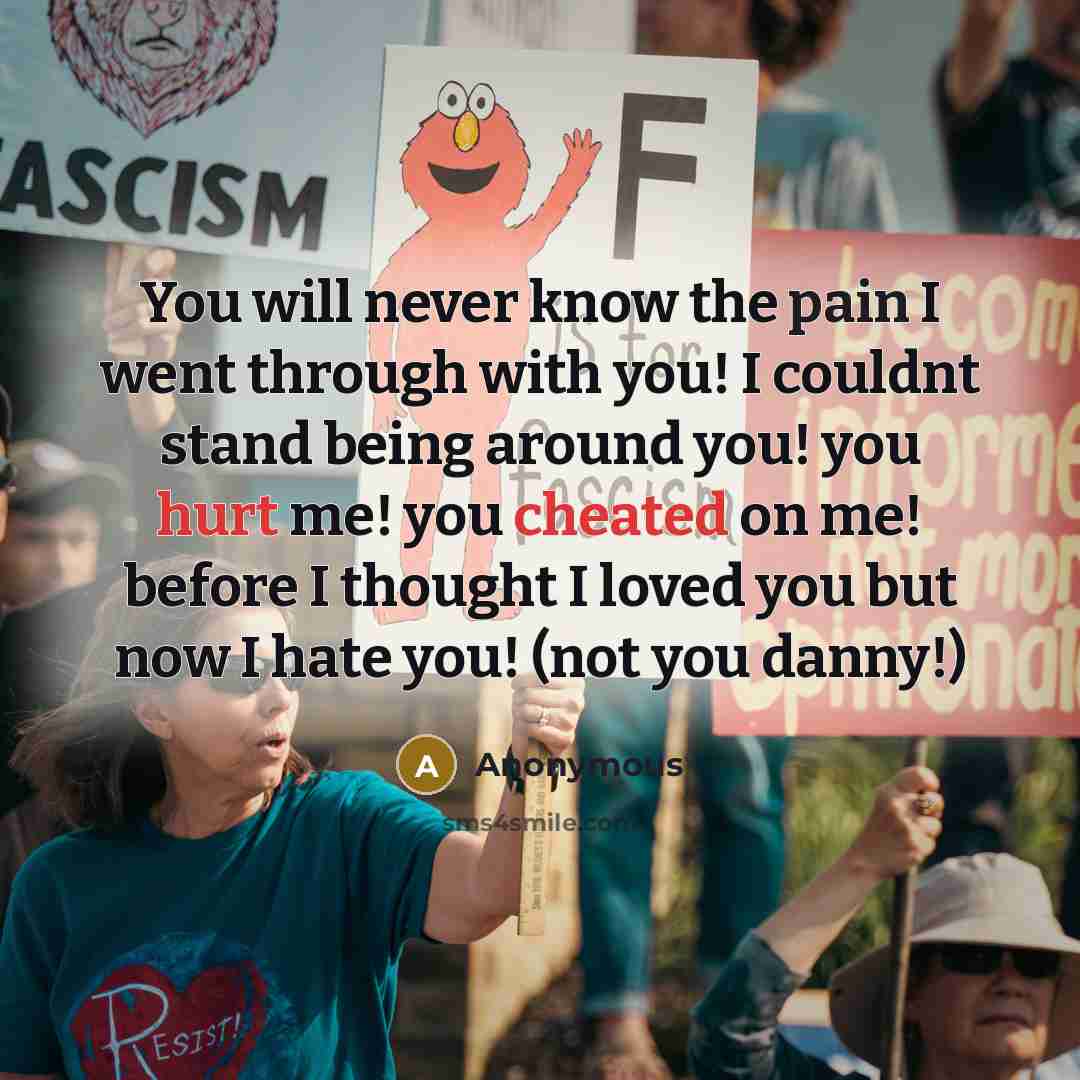 “You will never know the pain I went through with you! I couldnt stand being around you! you hurt me! you cheated on me! before I thought I loved you but now I hate you! (not you danny!)” quote by Anonymous