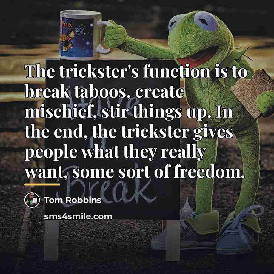 “The trickster's function is to break taboos, create mischief, stir…” quote by Tom Robbins