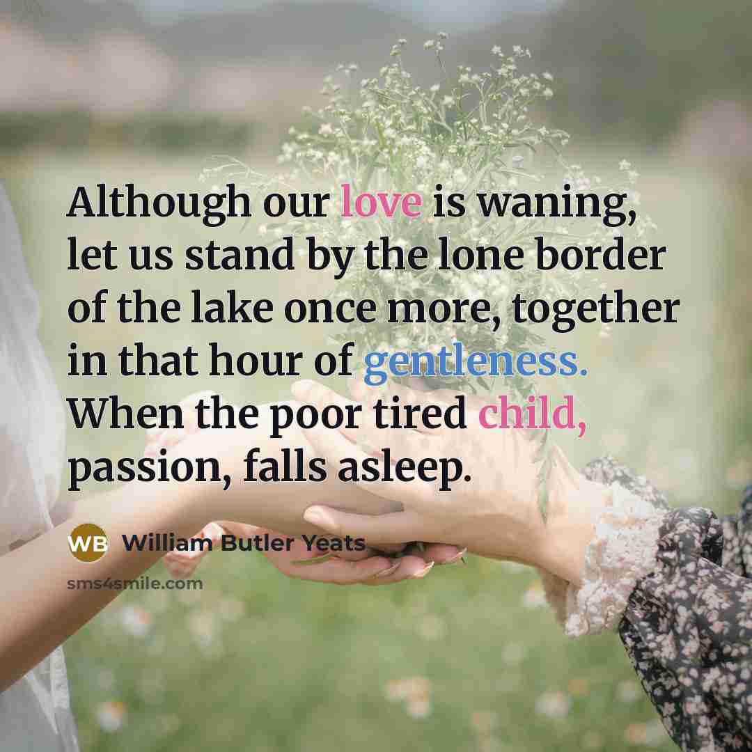“Although our love is waning, let us stand by the lone border of the lake once more, together in that hour of gentleness. When the poor tired child, passion, falls asleep.” quote by William Butler Yeats