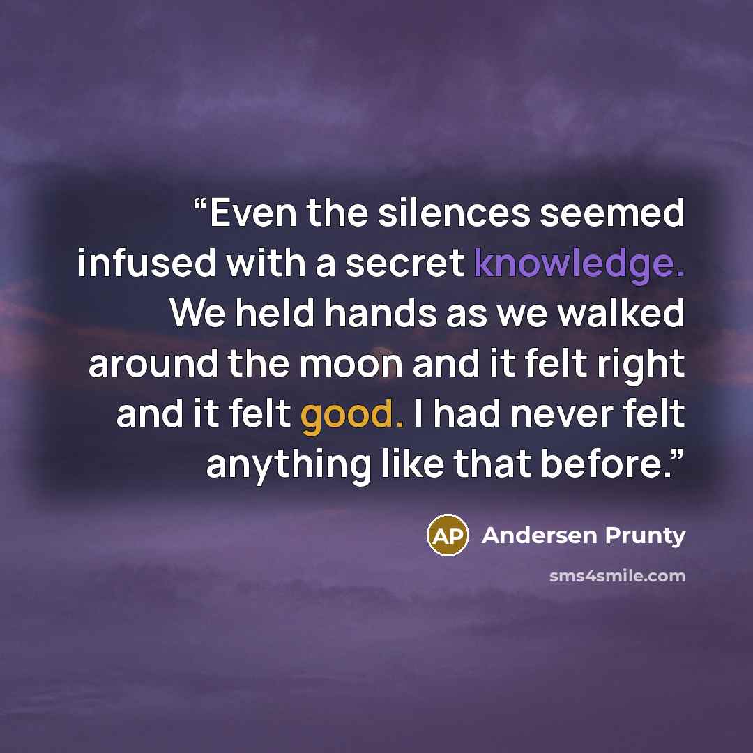 “Even the silences seemed infused with a secret knowledge. We held hands as we walked around the moon and it felt right and it felt good. I had never felt anything like that before.” quote by Andersen Prunty