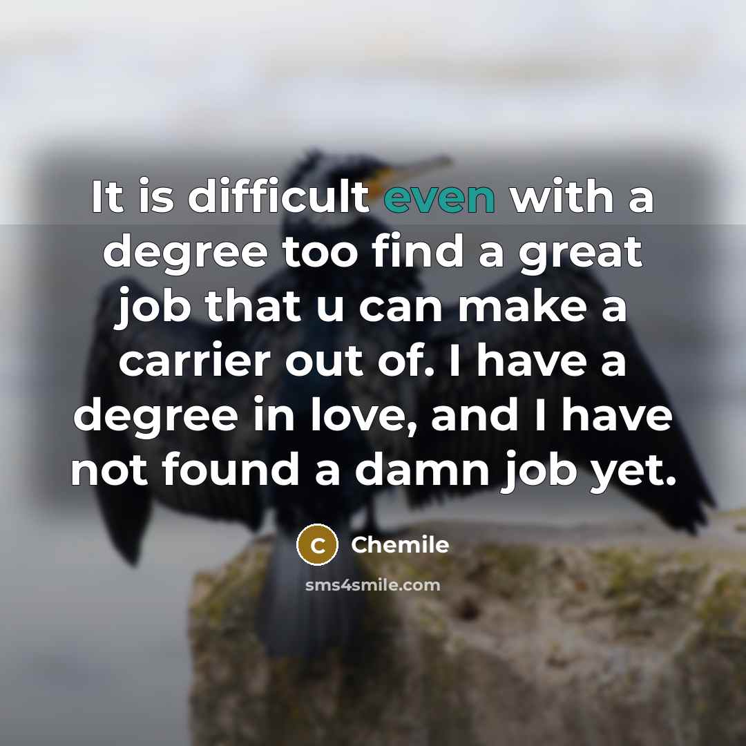 “It is difficult even with a degree too find a great job that u can make a carrier out of. I have a degree in love, and I have not found a damn job yet.” quote by Chemile