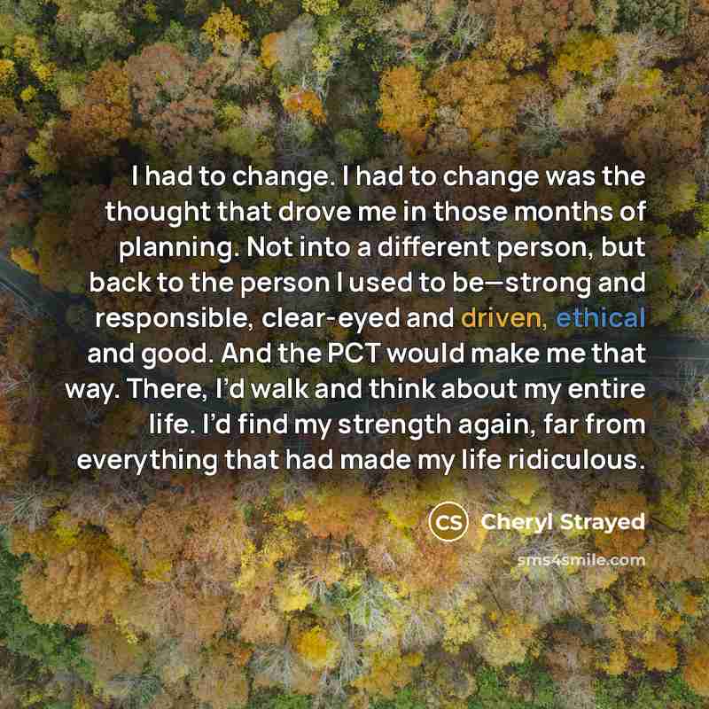“I had to change. I had to change was the thought that drove me in those months of planning. Not into a different person, but back to the person I used to be—strong and responsible, clear-eyed and driven, ethical and good. And the PCT would make me that way. There, I’d walk and think about my…” quote by Cheryl Strayed