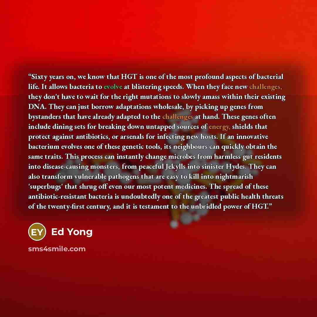 “Sixty years on, we know that HGT is one of the most profound aspects of bacterial life. It allows bacteria to evolve at blistering speeds. When they face new challenges, they don't have to wait for the right mutations to slowly amass within their existing DNA. They can just borrow adaptations…” quote by Ed Yong