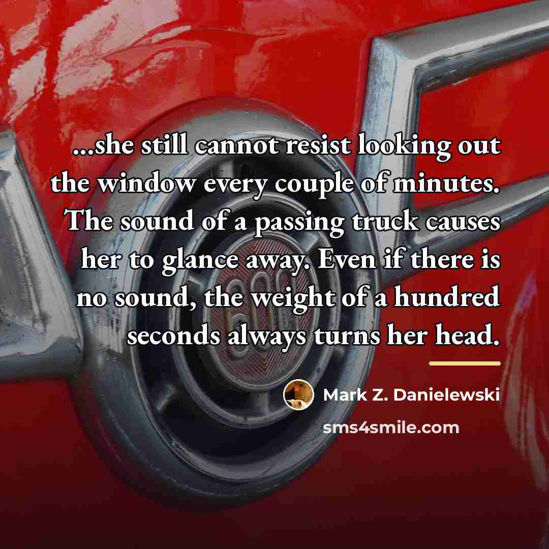 “...she still cannot resist looking out the window every couple…” quote by Mark Z. Danielewski