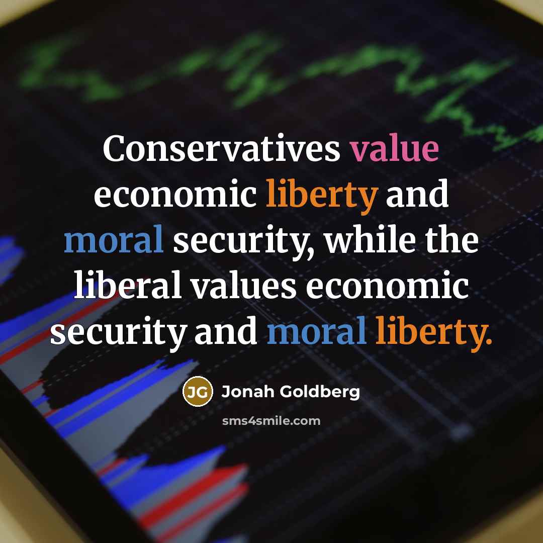 “Conservatives value economic liberty and moral security, while the liberal…” quote by Jonah Goldberg