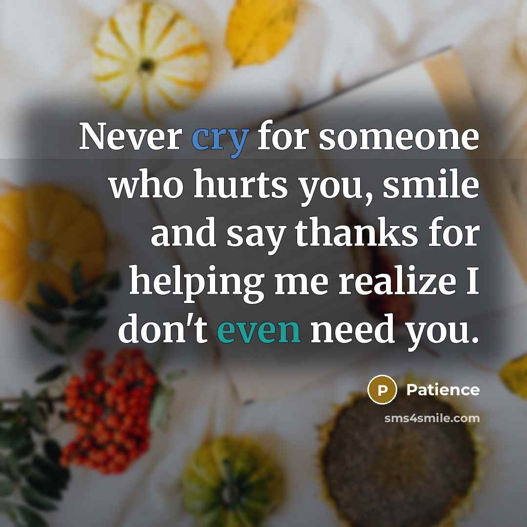“Never cry for someone who hurts you, smile and say…” quote by Patience