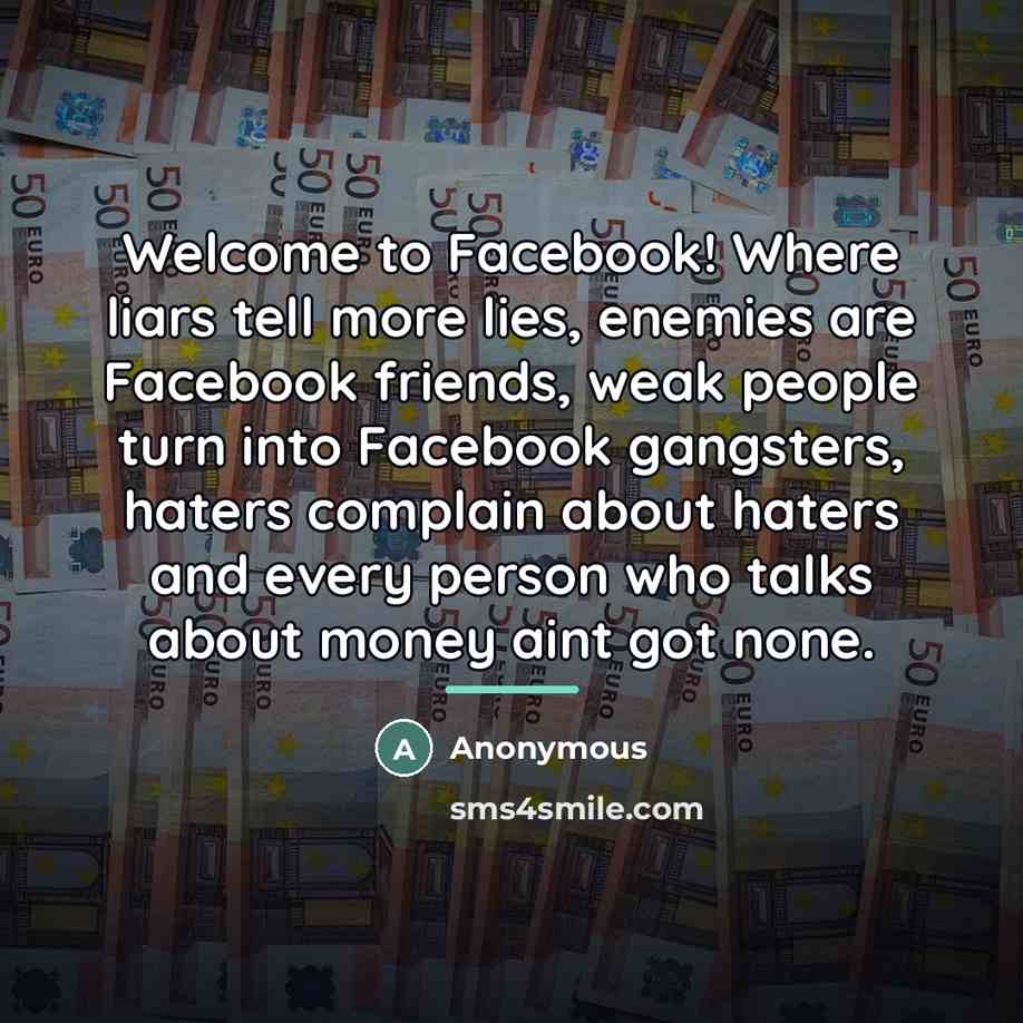“Welcome to Facebook! Where liars tell more lies, enemies are…” quote by Anonymous