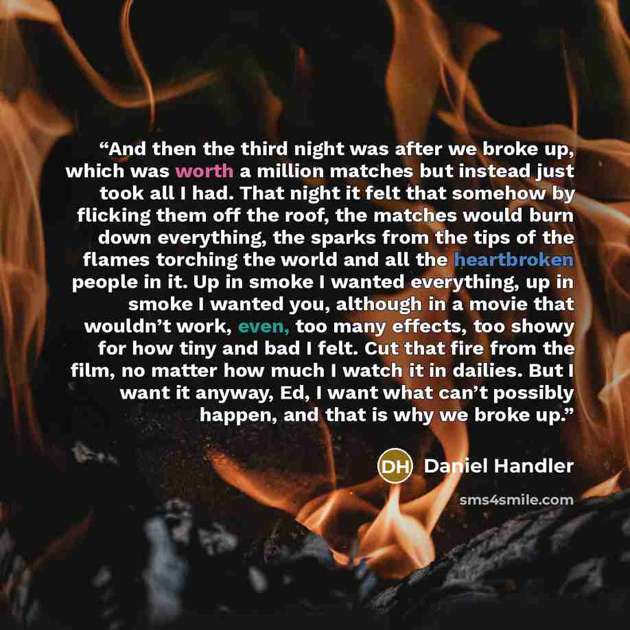 “And then the third night was after we broke up, which was worth a million matches but instead just took all I had. That night it felt that somehow by flicking them off the roof, the matches would burn down everything, the sparks from the tips of the flames torching the world and all the…” quote by Daniel Handler
