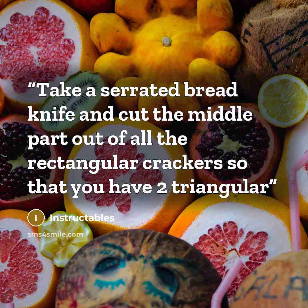 “Take a serrated bread knife and cut the middle part out of all the rectangular crackers so that you have 2 triangular” quote by Instructables