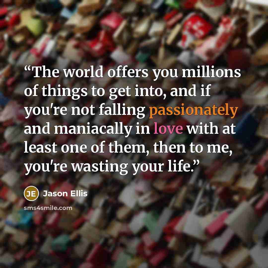 “The world offers you millions of things to get into, and if you're not falling passionately and maniacally in love with at least one of them, then to me, you're wasting your life.” quote by Jason Ellis