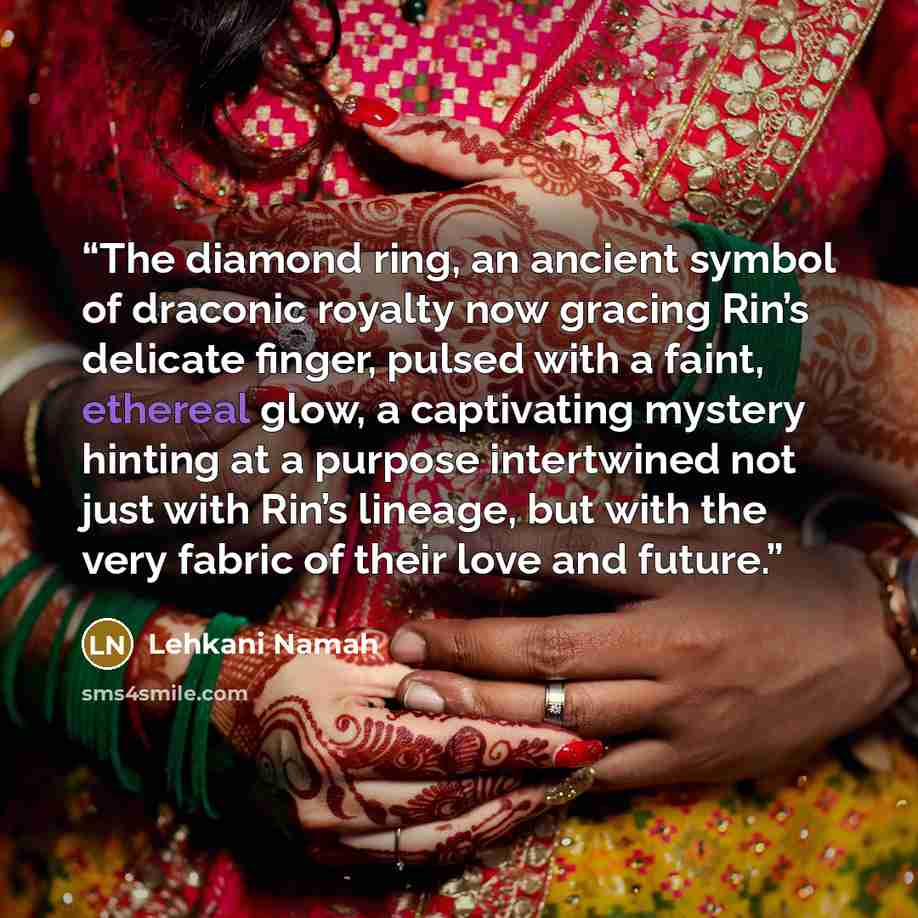 “The diamond ring, an ancient symbol of draconic royalty now gracing Rin’s delicate finger, pulsed with a faint, ethereal glow, a captivating mystery hinting at a purpose intertwined not just with Rin’s lineage, but with the very fabric of their love and future.” quote by Lehkani Namah