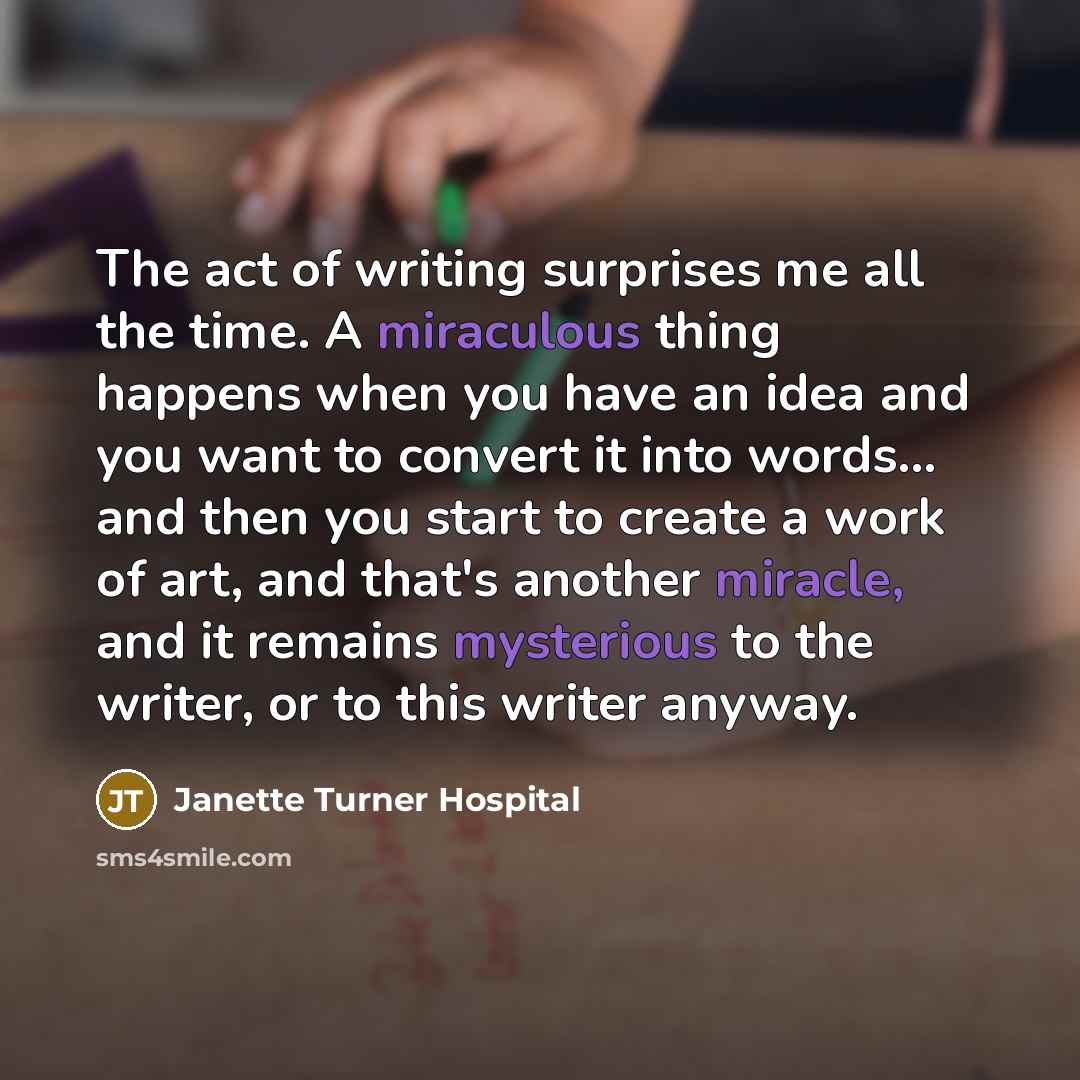 “The act of writing surprises me all the time. A…” quote by Janette Turner Hospital