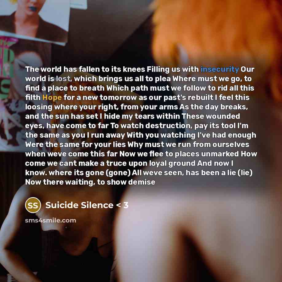 “The world has fallen to its knees Filling us with insecurity Our world is lost, which brings us all to plea Where must we go, to find a place to breath Which path must we follow to rid all this filth Hope for a new tomorrow as our past's rebuilt I feel this loosing where your right, from your arms…” quote by Suicide Silence < 3