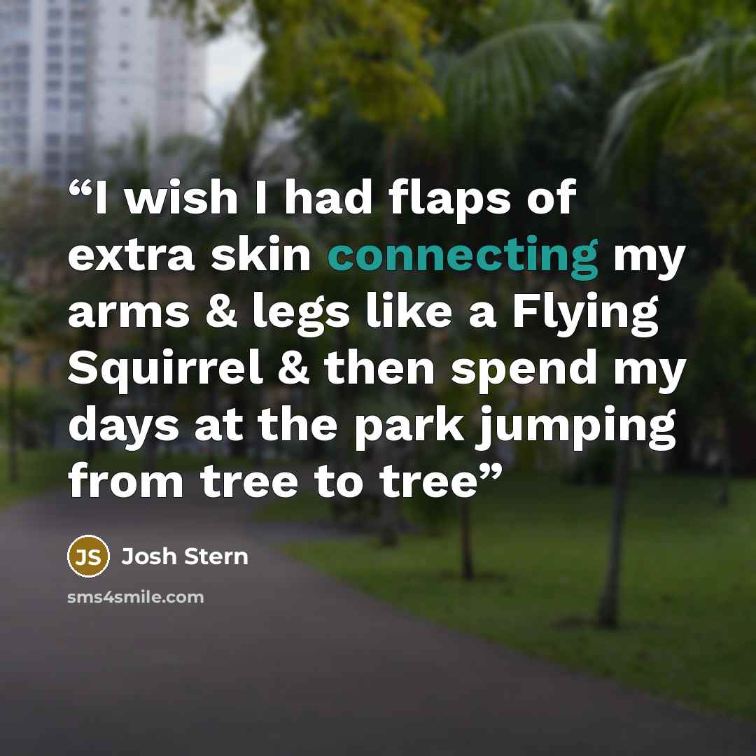 “I wish I had flaps of extra skin connecting my arms & legs like a Flying Squirrel & then spend my days at the park jumping from tree to tree” quote by Josh Stern