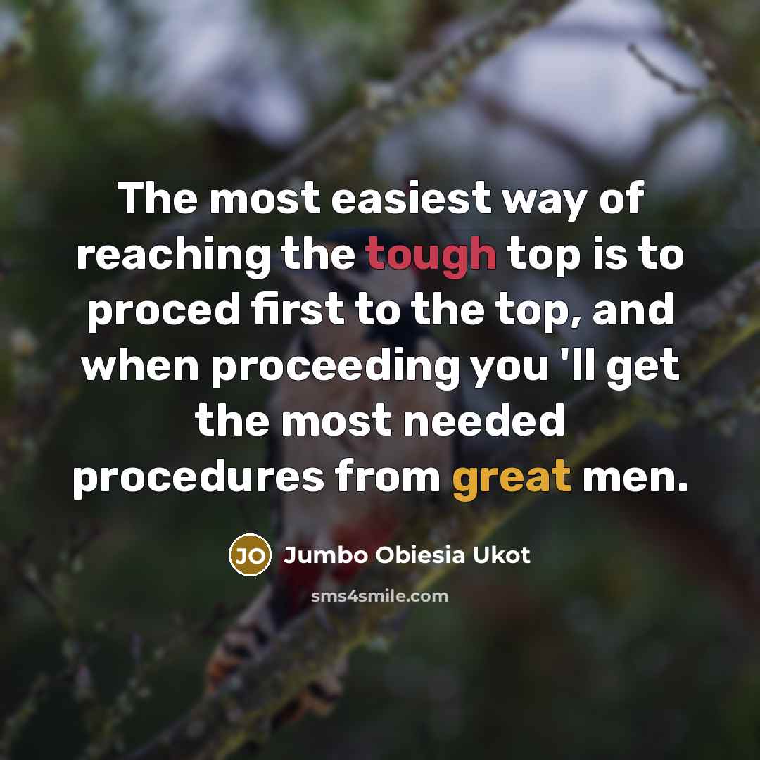 “The most easiest way of reaching the tough top is to proced first to the top, and when proceeding you 'll get the most needed procedures from great men.” quote by Jumbo Obiesia Ukot