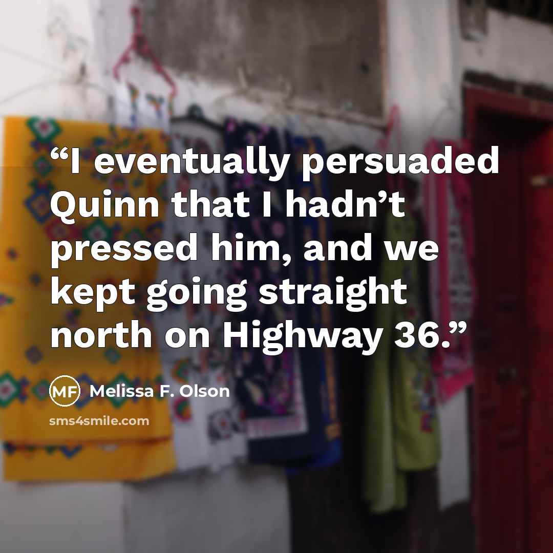 “I eventually persuaded Quinn that I hadn’t pressed him, and we kept going straight north on Highway 36.” quote by Melissa F. Olson