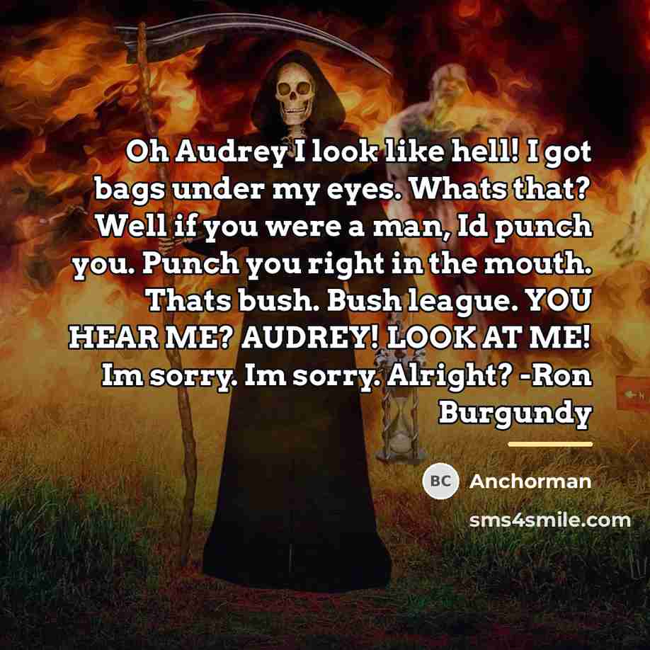 “Oh Audrey I look like hell! I got bags under…” quote by Anchorman
