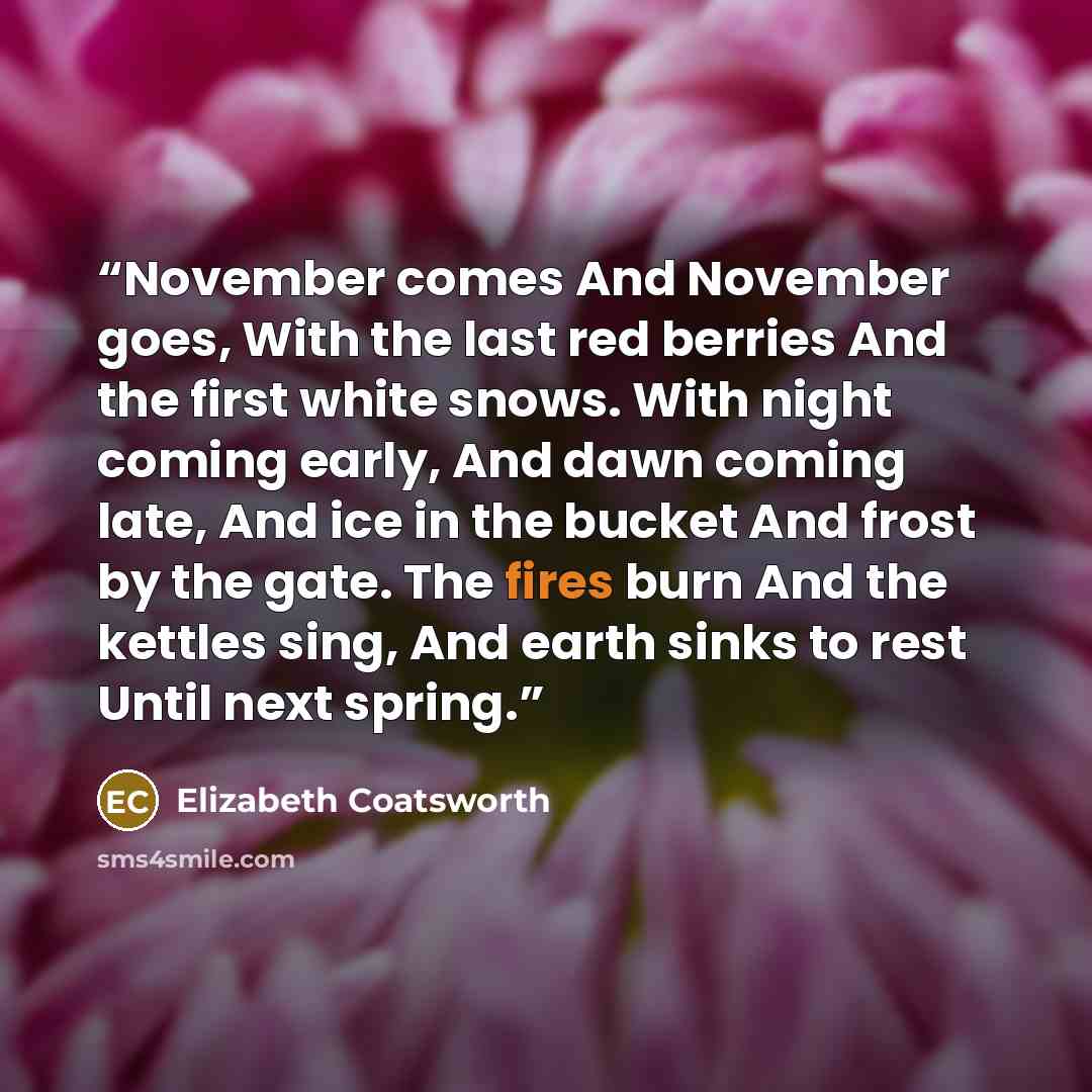 “November comes And November goes, With the last red berries And the first white snows. With night coming early, And dawn coming late, And ice in the bucket And frost by the gate. The fires burn And the kettles sing, And earth sinks to rest Until next spring.” quote by Elizabeth Coatsworth