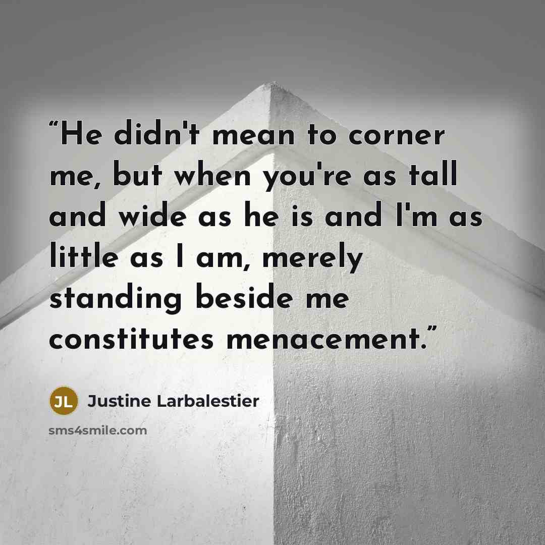 “He didn't mean to corner me, but when you're as tall and wide as he is and I'm as little as I am, merely standing beside me constitutes menacement.” quote by Justine Larbalestier