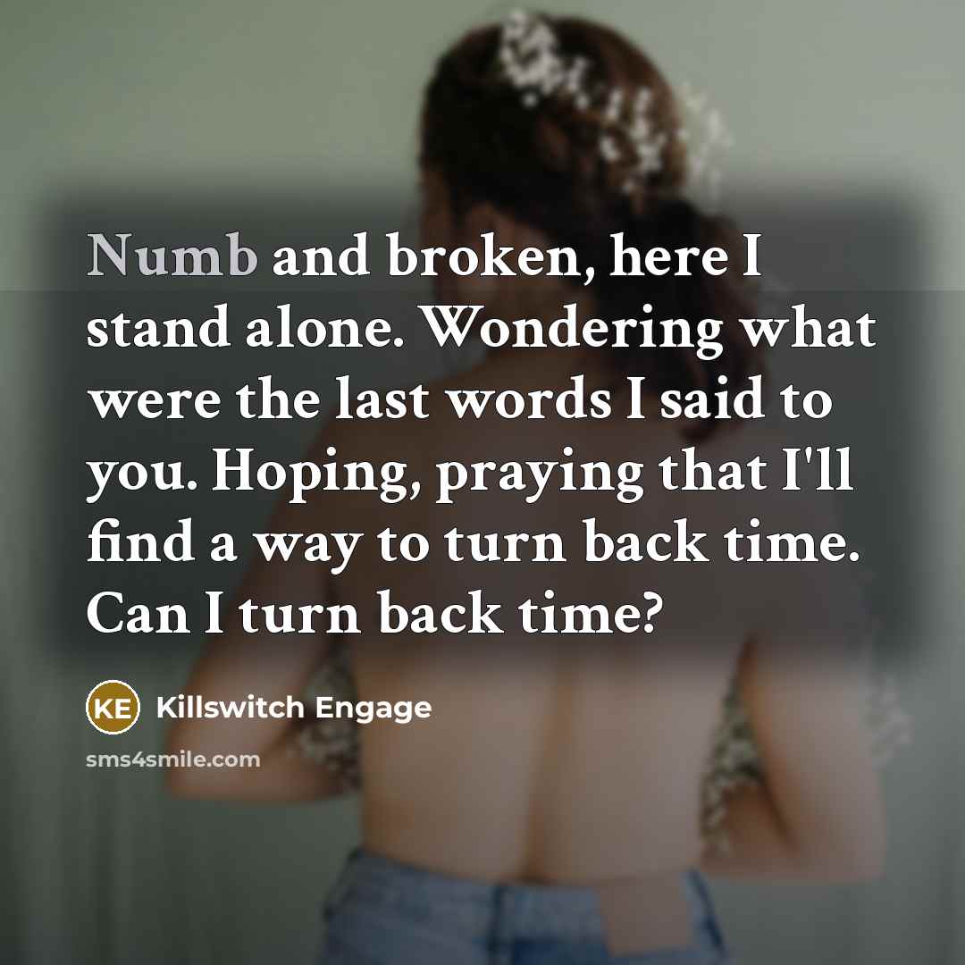 “Numb and broken, here I stand alone. Wondering what were…” quote by Killswitch Engage