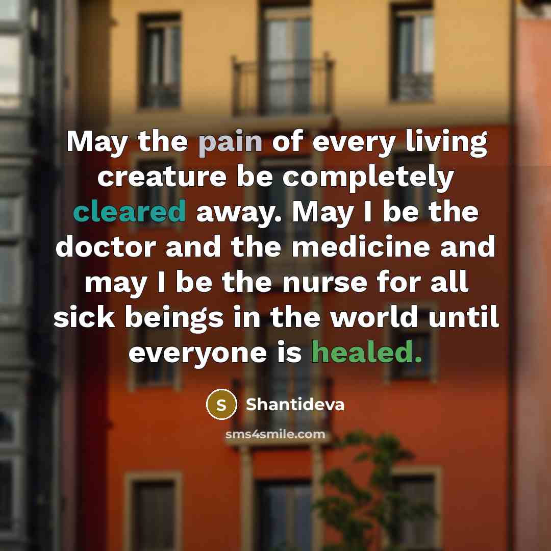 “May the pain of every living creature be completely cleared away. May I be the doctor and the medicine and may I be the nurse for all sick beings in the world until everyone is healed.” quote by Shantideva