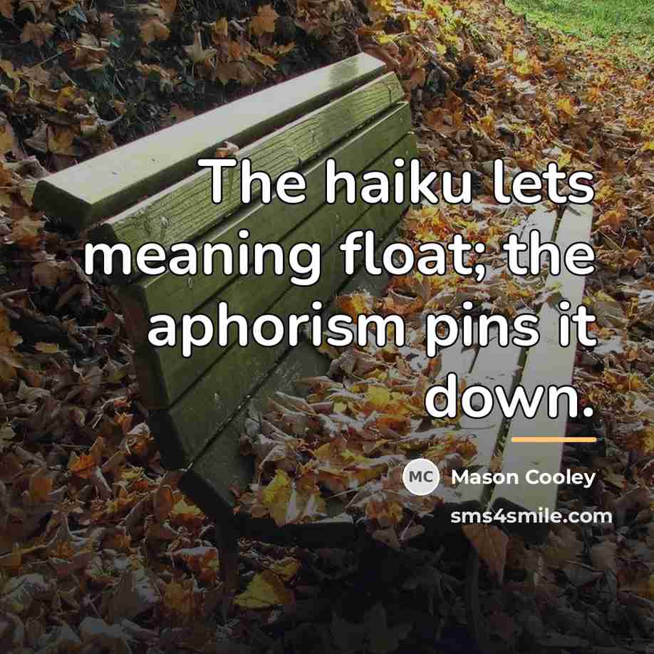 “The haiku lets meaning float; the aphorism pins it down.…” quote by Mason Cooley